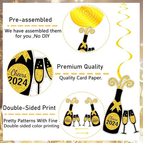 20Pcs Happy New Years Hanging Swirl Decorations 2023 Happy New Year Decorations 2023 New Years Eve Party Supplies 2023 Black and Gold New Years Foil Ceiling Decorations for Home 2023 New Years Party in Saudi Arabia