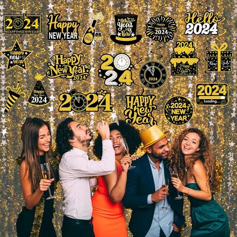 20Pcs Happy New Years Hanging Swirl Decorations 2023 Happy New Year Decorations 2023 New Years Eve Party Supplies 2023 Black and Gold New Years Foil Ceiling Decorations for Home 2023 New Years Party in Saudi Arabia