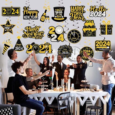 20Pcs Happy New Years Hanging Swirl Decorations 2023 Happy New Year Decorations 2023 New Years Eve Party Supplies 2023 Black and Gold New Years Foil Ceiling Decorations for Home 2023 New Years Party in Saudi Arabia