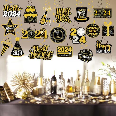 20Pcs Happy New Years Hanging Swirl Decorations 2023 Happy New Year Decorations 2023 New Years Eve Party Supplies 2023 Black and Gold New Years Foil Ceiling Decorations for Home 2023 New Years Party in Saudi Arabia