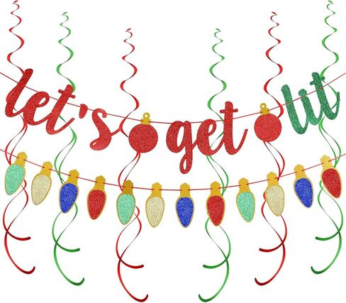 Red and Green Glitter Let's Get Lit Banner and Glitter Christmas Garland Decor- Christmas Holiday Party Decorations,New Years Eve Party Decor,Grinch Christmas Decorations,Ugly Christmas Sweater Party Decorations,Christmas Mantel Home Decor in Saudi Arabia