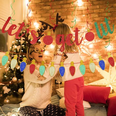 Red and Green Glitter Let's Get Lit Banner and Glitter Christmas Garland Decor- Christmas Holiday Party Decorations,New Years Eve Party Decor,Grinch Christmas Decorations,Ugly Christmas Sweater Party Decorations,Christmas Mantel Home Decor in Saudi Arabia