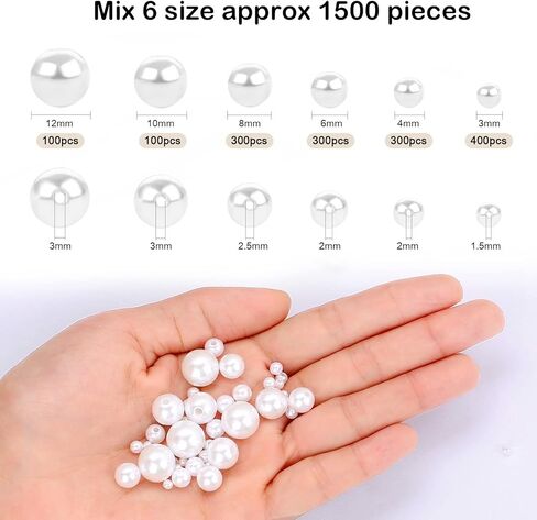 1500 قطعة من حبات اللؤلؤ للحرف اليدوية مقاس مختلط أبيض 3/4/6/8/10/12/14/20 مم مع فتحات لصنع المجوهرات والأساور والقلائد والخواتم وحشو المزهرية خرز دائري صغير معبأ في حقيبة أدوات تزيين يدوية in Kuwait