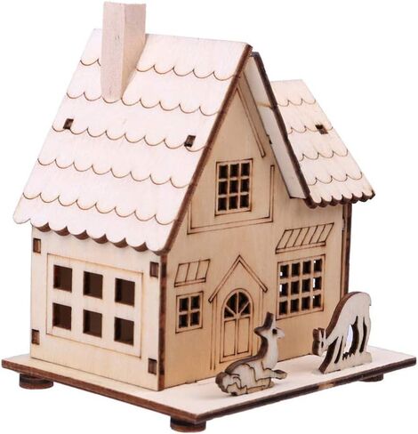 NUOBESTY LED Christmas Wooden House Unfinished Christmas Wooden Ornaments with Lights Glowing Xmas Tree Decorations Shelf Fireplace Table Centerpiece Holiday Party Supplies Favors in Saudi Arabia