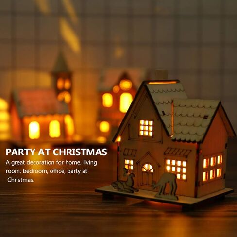 NUOBESTY LED Christmas Wooden House Unfinished Christmas Wooden Ornaments with Lights Glowing Xmas Tree Decorations Shelf Fireplace Table Centerpiece Holiday Party Supplies Favors in Saudi Arabia