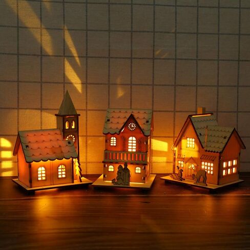 NUOBESTY LED Christmas Wooden House Unfinished Christmas Wooden Ornaments with Lights Glowing Xmas Tree Decorations Shelf Fireplace Table Centerpiece Holiday Party Supplies Favors in Saudi Arabia