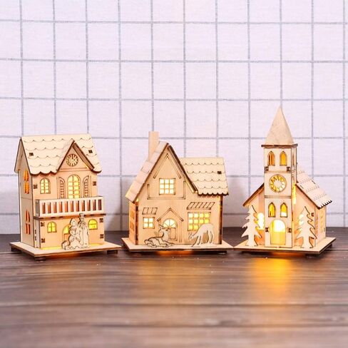 NUOBESTY LED Christmas Wooden House Unfinished Christmas Wooden Ornaments with Lights Glowing Xmas Tree Decorations Shelf Fireplace Table Centerpiece Holiday Party Supplies Favors in Saudi Arabia