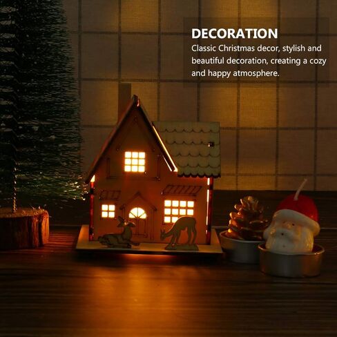 NUOBESTY LED Christmas Wooden House Unfinished Christmas Wooden Ornaments with Lights Glowing Xmas Tree Decorations Shelf Fireplace Table Centerpiece Holiday Party Supplies Favors in Saudi Arabia