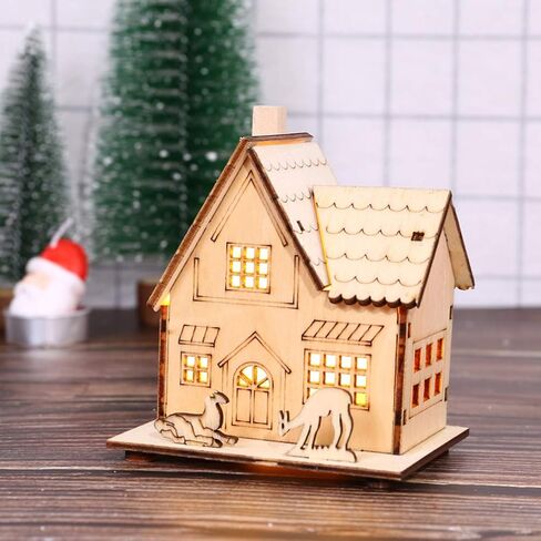 NUOBESTY LED Christmas Wooden House Unfinished Christmas Wooden Ornaments with Lights Glowing Xmas Tree Decorations Shelf Fireplace Table Centerpiece Holiday Party Supplies Favors in Saudi Arabia