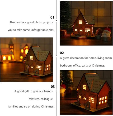 NUOBESTY LED Christmas Wooden House Unfinished Christmas Wooden Ornaments with Lights Glowing Xmas Tree Decorations Shelf Fireplace Table Centerpiece Holiday Party Supplies Favors in Saudi Arabia