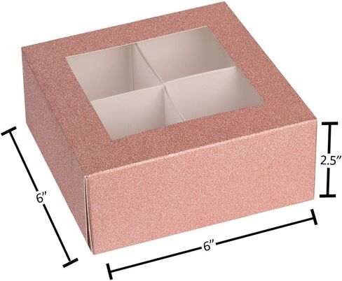 صندوق نافذة هامونت بأربعة أقسام - 6 عبوات - 6 × 6 × 2.5 بوصة - صناديق مخبز ذات تصميم فريد باللون الأسود مثالية لمشاركة الوجبات الخفيفة وملفات تعريف الارتباط | 4 أقسام إدراج علب الهدايا in Kuwait
