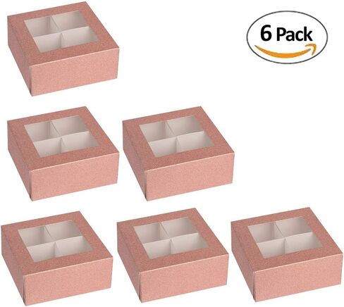 صندوق نافذة هامونت بأربعة أقسام - 6 عبوات - 6 × 6 × 2.5 بوصة - صناديق مخبز ذات تصميم فريد باللون الأسود مثالية لمشاركة الوجبات الخفيفة وملفات تعريف الارتباط | 4 أقسام إدراج علب الهدايا in Kuwait