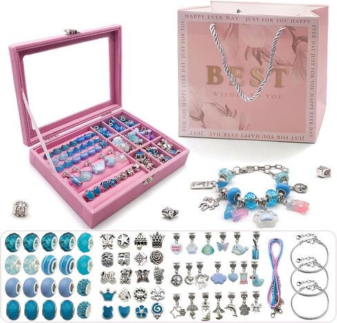 مجموعة صناعة الأساور الساحرة من أثينا إليمنتس، مجموعة صنع المجوهرات DIY للفتيات، 67 قطعة من سحر الأساور لصنع الأساور والفنون والحرف اليدوية للفتيات من سن 7 إلى 12 عامًا مع صندوق مجوهرات (وردي) in Kuwait