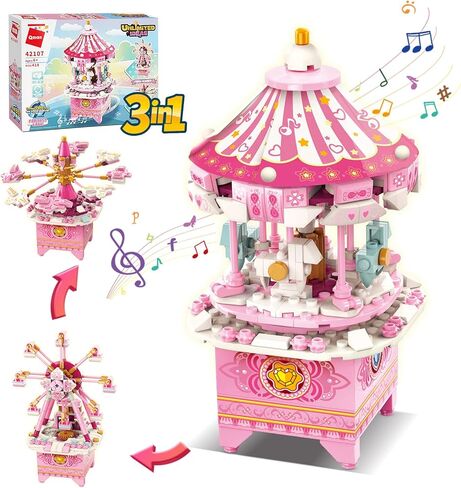 ألعاب بناء صندوق الموسيقى QMAN للفتيات والفتيان 6 7 8 9 10 11 12+ سنة 3 في 1 مجموعة بناء مكعبات بناء STEM لعبة هدايا مثالية للأطفال من سن 8 إلى 12 عامًا تدور مع الموسيقى in Kuwait