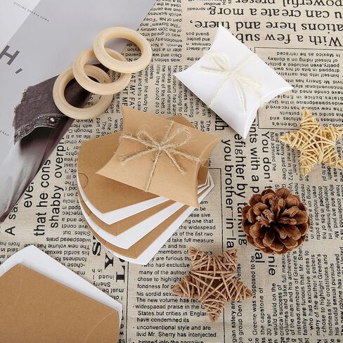 FVIEXE 200 حزمة من صناديق وسائد كرافت، صناديق هدايا صغيرة للوسائد مع خيوط الجوت، صندوق هدايا ورقي صغير للوسادة للمجوهرات، والحرف اليدوية، ومفضلات الحفلات، وهدايا الزفاف وتغليف الهدايا، (3.6 × 2.7 × 1 بوصة) in Kuwait