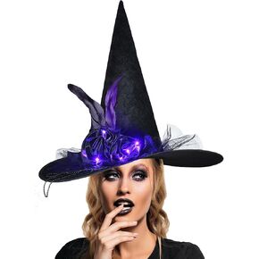 Halloween Witch Hats for Women - Black Witch Hat Adult with Purple LED Flower Spiders Witches Hat for Costume Party Cosplay Accessories in Saudi Arabia
