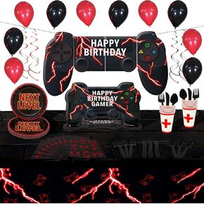 مجموعة لوازم حفلات العاب الفيديو | لوحات على شكل وحدة تحكم | تخدم 16 | اكثر من 85 قطعة | ديكورات العاب وادوات مائدة | لافتة كبيرة لعيد ميلاد سعيد | ادوات مائدة للاستعمال مرة واحدة in Kuwait