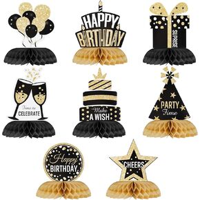 8PCS Black And Gold Birthday Decorations, Happy Birthday Honeycomb Table Topper Birthday Centerpieces For Tables Decorations Birthday Table Toppers Birthday For Birthday Party Favor Photo Booth Props in Saudi Arabia