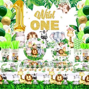 Wild One Birthday Decorations Supplies - Safari Jungle First Birthday Decorations - Plates, Napkins, Tablecloths, Straws, Cups, Cutlery, Cake Topper, Balloons, Animal Backdrop for 1st - Serves 20 in Kuwait