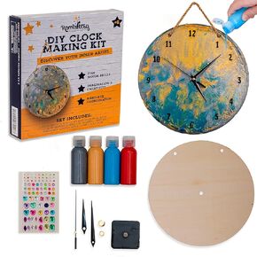 Romi's way DIY Clock kit w Round Wood, Acrylic Pouring Paint, Clock Mechanism – Kids Painting kit - Clock Kits for Do It Yourself - Unique Boys & Girls Arts and Crafts for Kids Ages 8-12 6-8 and up in Kuwait