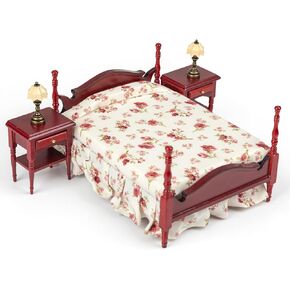 أثاث بيت الدمى الخشبي من Keldoner بمقياس 1 12، ألعاب أثاث بيت الدمية لغرفة نوم بيت الدمى بما في ذلك السرير الكلاسيكي والطاولات بجانب السرير ومصابيح الطاولة وأثاث المنزل الصغير وملحقاته in Kuwait