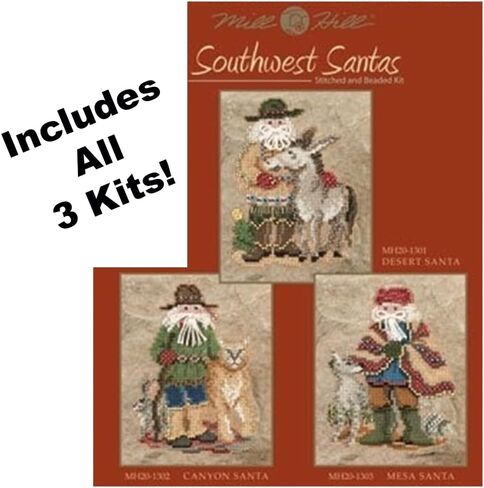 حزمة Mill Hill Southwest Santa Bundle (2011) مجموعة من 3 مجموعات غرز متقاطعة مطرزة بما في ذلك الصحراء والوادي وميسا سانتاس، بالإضافة إلى ملصق "Needleworker" المزخرف in Kuwait