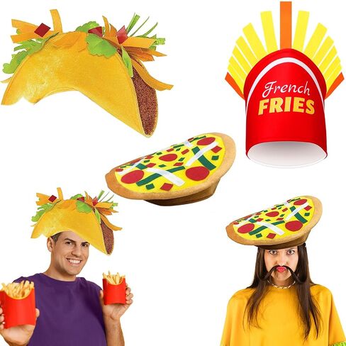 Handepo 3 Pcs Pizza Hat Taco Costume Hat French Fries Food Hat, Crazy Hat Food Costume for Cinco De Mayo, Halloween Costume Accessory Fiesta Party in Saudi Arabia
