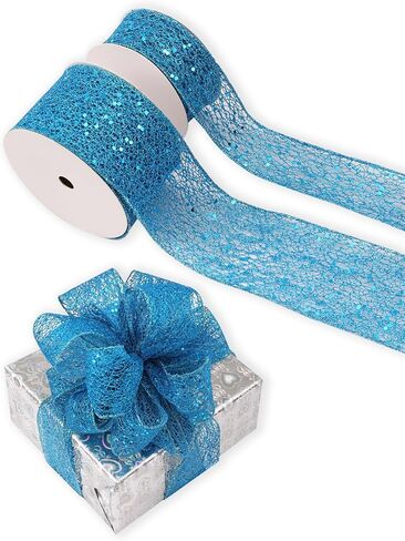 Wlflash 2-1/2 بوصة، 10 ياردات، حافة سلكية لعيد الميلاد المجيد، شريط شبكي لعيد الميلاد، إكليل تزييني، لفافة حرفية لتزيين الهدايا، ملحقات تزيين الحفلات in Kuwait