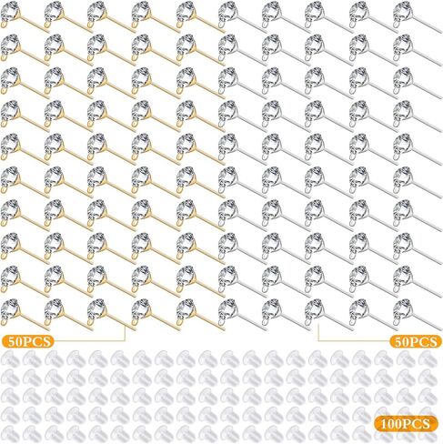 100 Pieces 6 mm 2 Colors Rhinestone Earring Studs Metal Earring Posts with Loop and 100 Pieces Clear Bullet Earring Backs for DIY Dangle Jewelry Making Supplies in Kuwait