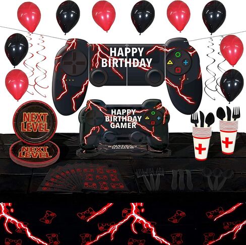 مجموعة لوازم حفلات العاب الفيديو | لوحات على شكل وحدة تحكم | تخدم 16 | اكثر من 85 قطعة | ديكورات العاب وادوات مائدة | لافتة كبيرة لعيد ميلاد سعيد | ادوات مائدة للاستعمال مرة واحدة in Kuwait