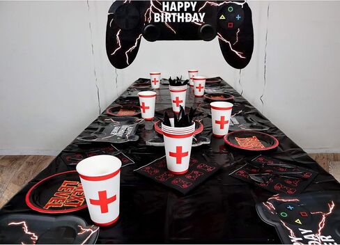 مجموعة لوازم حفلات العاب الفيديو | لوحات على شكل وحدة تحكم | تخدم 16 | اكثر من 85 قطعة | ديكورات العاب وادوات مائدة | لافتة كبيرة لعيد ميلاد سعيد | ادوات مائدة للاستعمال مرة واحدة in Kuwait