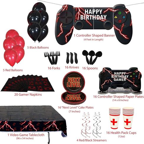 مجموعة لوازم حفلات العاب الفيديو | لوحات على شكل وحدة تحكم | تخدم 16 | اكثر من 85 قطعة | ديكورات العاب وادوات مائدة | لافتة كبيرة لعيد ميلاد سعيد | ادوات مائدة للاستعمال مرة واحدة in Kuwait