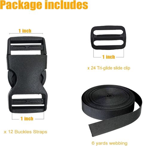 Buckles Strap 1 Inch: 12 PCS Quick Side Release Buckles Dual Adjustable, 24 PCS Tri-glide Slide Clip, 6 Yard Nylon Webbing Straps for DIY Making Luggage Strap, Pet Collar Backpack Repair in Kuwait