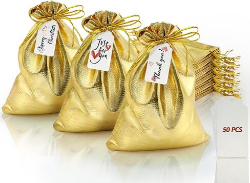 doyide 50pcs أكياس هدية الرباط الذهب، 8x12in أكياس المجوهرات الرباط الحقائب، لامعة حفل زفاف لصالح أكياس، أكياس الكيس فارغة لحفلة عيد ميلاد عيد الميلاد استحمام الطفل تفضل الحلوى in Kuwait