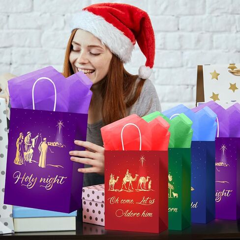 Pasimy 48 Pcs Christmas Nativity Gift Bags Include 24 Christian Religious Favor Bags with 24 Tissues Bible Verse Paper Treat Bag for Christmas Nativity Religious Party Decorations Supplies in Saudi Arabia