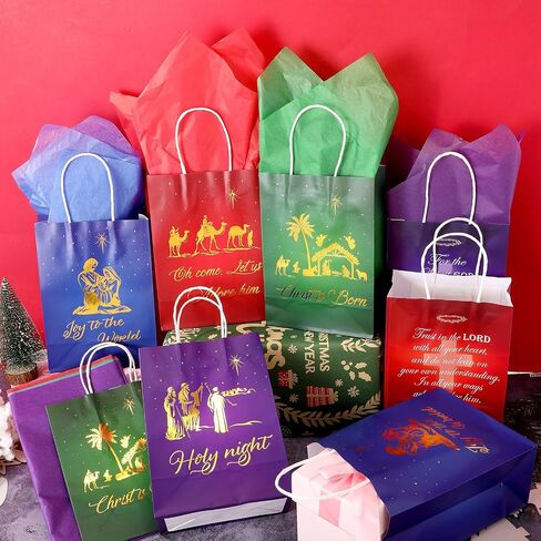 Pasimy 48 Pcs Christmas Nativity Gift Bags Include 24 Christian Religious Favor Bags with 24 Tissues Bible Verse Paper Treat Bag for Christmas Nativity Religious Party Decorations Supplies in Saudi Arabia