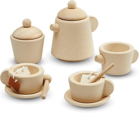 PlanToys Wooden Classic Styled Tea Party Set for a Pretend Play Tea Party (3617) | Sustainably Made from Rubberwood and Non-Toxic Paints and Dyes | Eco-Friendly PlanWood in Saudi Arabia