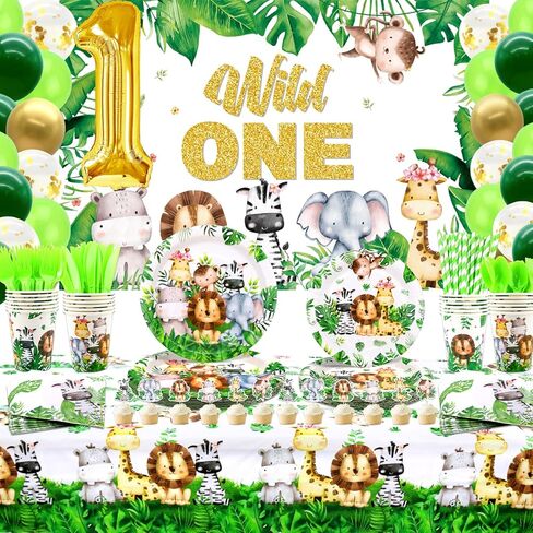 Wild One Birthday Decorations Supplies - Safari Jungle First Birthday Decorations - Plates, Napkins, Tablecloths, Straws, Cups, Cutlery, Cake Topper, Balloons, Animal Backdrop for 1st - Serves 20 in Kuwait