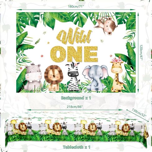 Wild One Birthday Decorations Supplies - Safari Jungle First Birthday Decorations - Plates, Napkins, Tablecloths, Straws, Cups, Cutlery, Cake Topper, Balloons, Animal Backdrop for 1st - Serves 20 in Kuwait