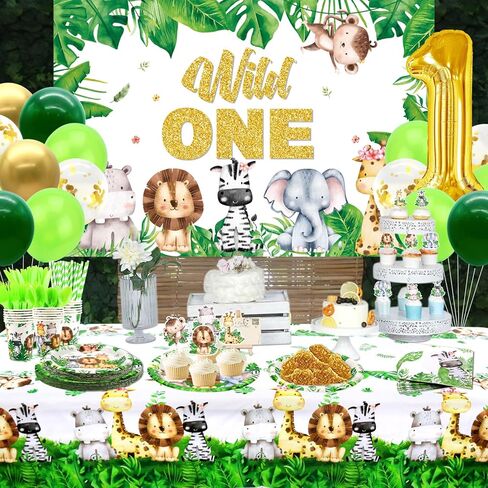 Wild One Birthday Decorations Supplies - Safari Jungle First Birthday Decorations - Plates, Napkins, Tablecloths, Straws, Cups, Cutlery, Cake Topper, Balloons, Animal Backdrop for 1st - Serves 20 in Kuwait