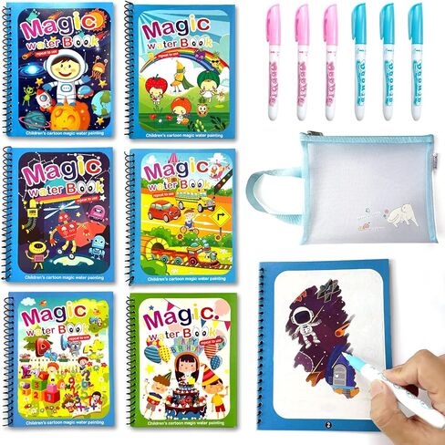 كتب تلوين مائية للاطفال الصغار من فارتي، كتاب تلوين مائي سحري قابل لاعادة الاستخدام، كتاب تلوين حيوانات كرتوني للاولاد والبنات - فكرة هدية تعليمية ومسلية (6 عبوات) in Kuwait