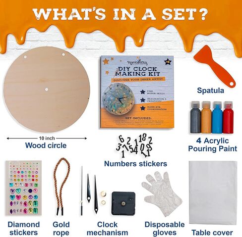 Romi's way DIY Clock kit w Round Wood, Acrylic Pouring Paint, Clock Mechanism – Kids Painting kit - Clock Kits for Do It Yourself - Unique Boys & Girls Arts and Crafts for Kids Ages 8-12 6-8 and up in Kuwait