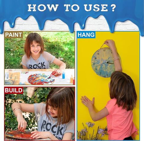 Romi's way DIY Clock kit w Round Wood, Acrylic Pouring Paint, Clock Mechanism – Kids Painting kit - Clock Kits for Do It Yourself - Unique Boys & Girls Arts and Crafts for Kids Ages 8-12 6-8 and up in Kuwait