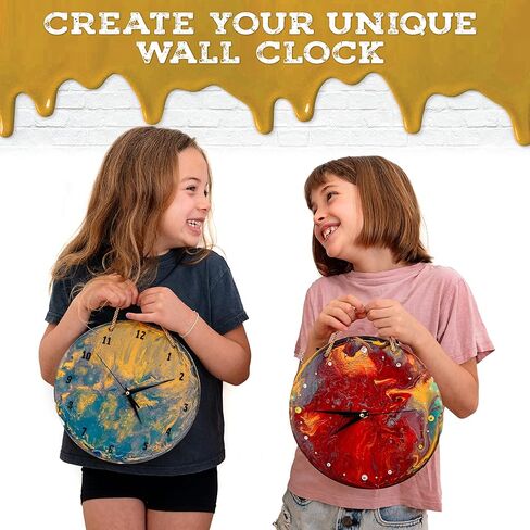 Romi's way DIY Clock kit w Round Wood, Acrylic Pouring Paint, Clock Mechanism – Kids Painting kit - Clock Kits for Do It Yourself - Unique Boys & Girls Arts and Crafts for Kids Ages 8-12 6-8 and up in Kuwait