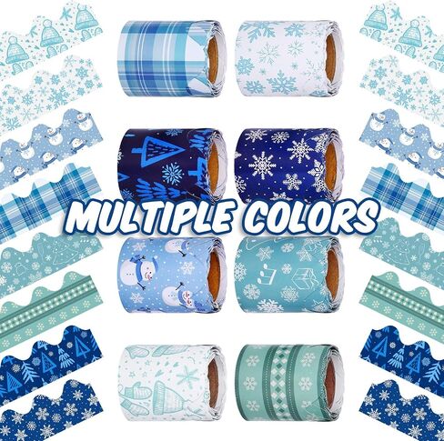 Tenceur 16 Rolls Winter Bulletin Border Sticker Winter Holiday Decoration Border Blue Snowflake Snowman Bulletin Border Trim Christmas Borders Stickers for School Classroom Office Chalkboard 8 Designs in Kuwait