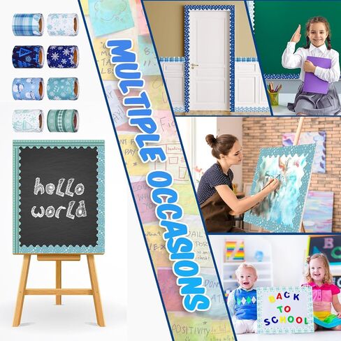 Tenceur 16 Rolls Winter Bulletin Border Sticker Winter Holiday Decoration Border Blue Snowflake Snowman Bulletin Border Trim Christmas Borders Stickers for School Classroom Office Chalkboard 8 Designs in Kuwait