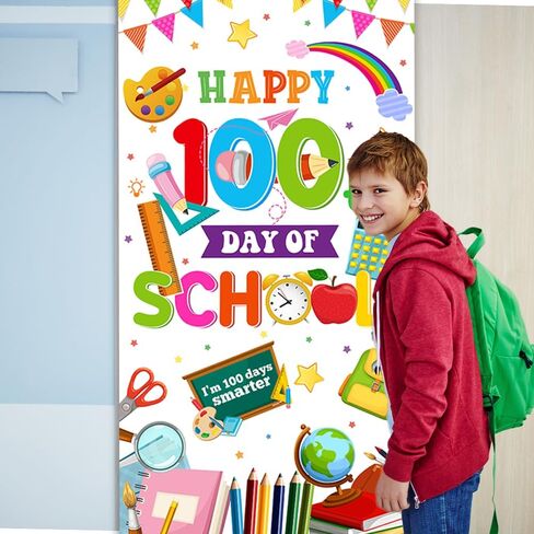 لافتة باب المدرسة ليوم 100 السعيد، غطاء باب المدرسة للأطفال، طلاب رياض الأطفال، مرحلة ما قبل المدرسة الابتدائية، لوازم تزيين حفلات اليوم الـ 100 (أبيض) in Kuwait