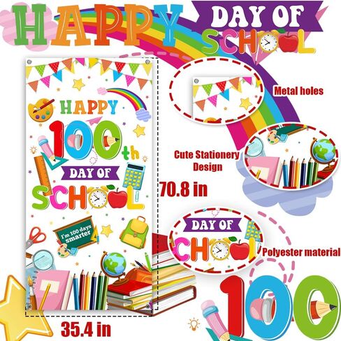 لافتة باب المدرسة ليوم 100 السعيد، غطاء باب المدرسة للأطفال، طلاب رياض الأطفال، مرحلة ما قبل المدرسة الابتدائية، لوازم تزيين حفلات اليوم الـ 100 (أبيض) in Kuwait