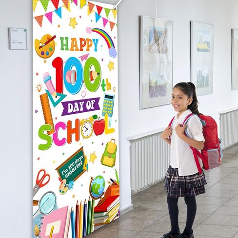 لافتة باب المدرسة ليوم 100 السعيد، غطاء باب المدرسة للأطفال، طلاب رياض الأطفال، مرحلة ما قبل المدرسة الابتدائية، لوازم تزيين حفلات اليوم الـ 100 (أبيض) in Kuwait