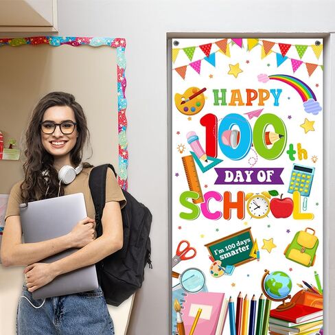 لافتة باب المدرسة ليوم 100 السعيد، غطاء باب المدرسة للأطفال، طلاب رياض الأطفال، مرحلة ما قبل المدرسة الابتدائية، لوازم تزيين حفلات اليوم الـ 100 (أبيض) in Kuwait